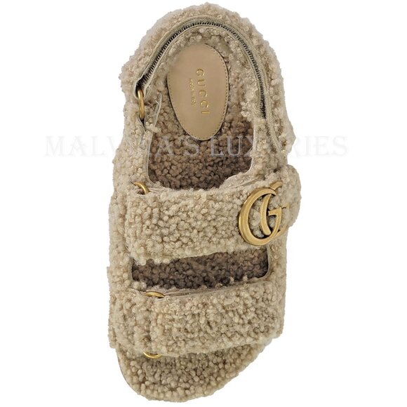 GUCCI SHOES DOUBLE G LOGO BEIGE MERINO WOOL SANDALS w STRAPS sz 38 8 US - Picture 9 of 15